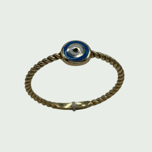 Anillo de Oro 14k con Ojo Turco Azul y Banda Trenzada