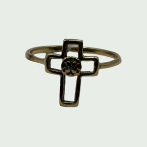 Anillo de Oro 14k con Cruz Calada y Flor Central