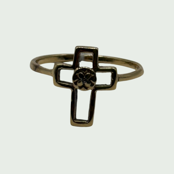 Anillo de Oro 14k con Cruz Calada y Flor Central