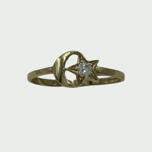 Anillo de Oro 14k con Luna, Estrella y Circonio Central